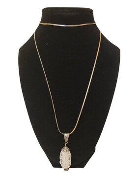Art Glass Tear Drop Pendant Necklace White Lampwork Style With Scrollwork Silver
